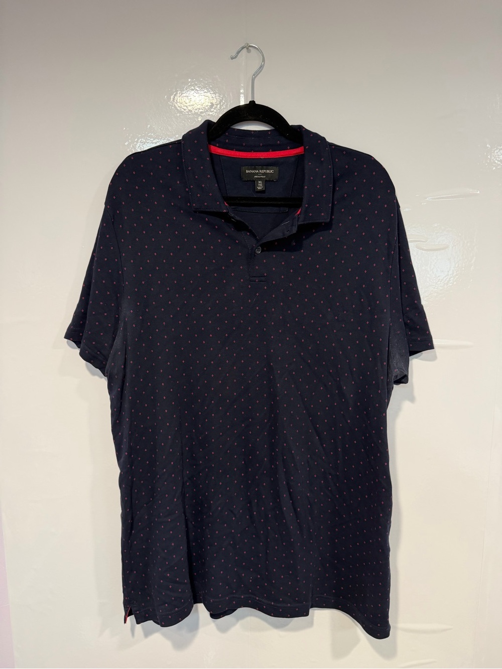 Banana Republic Mens Navy Polo Shirt Pink Dot Print XL Short Sleeve Dress Polo